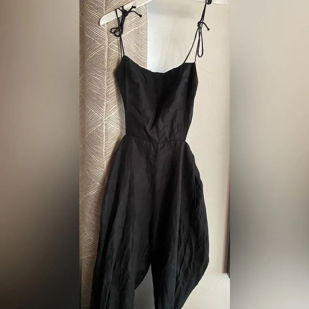 Reformation Rufus Jumpsuit Black Backless Back Linen Tie Straps Pockets Crop Sz4